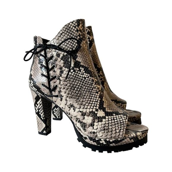 AllSaints Michela Leather Snake Print Peep Toe Heeled Shoes Booties Size 40 EU - Picture 1 of 16